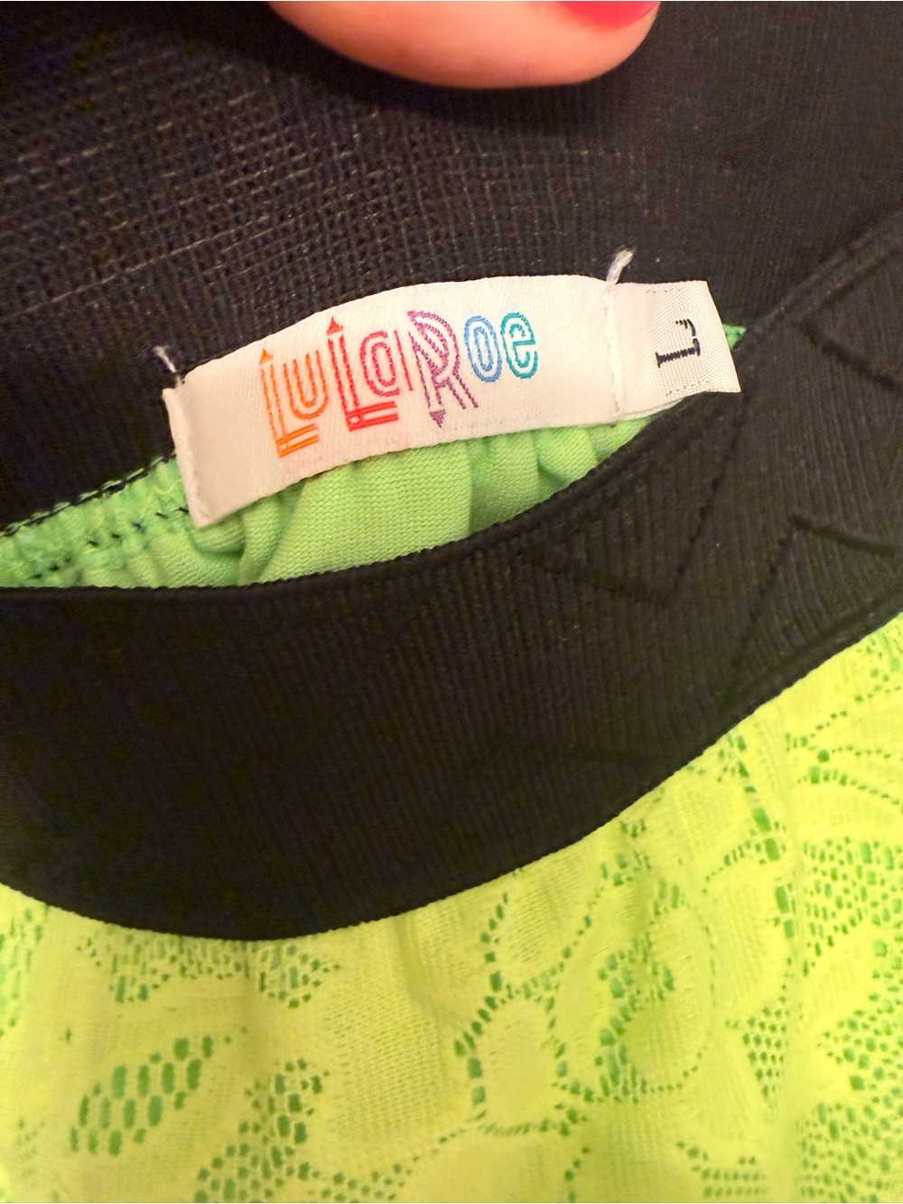 LuLaRoe Neon Lime Lace A-Line Skirt with Black Waistband - Picture 2 of 3
